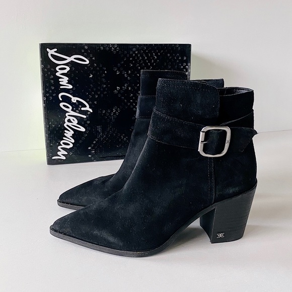 ✨New SAM EDELMAN Leonia Buckle Suede Heel Booties - Picture 7 of 8
